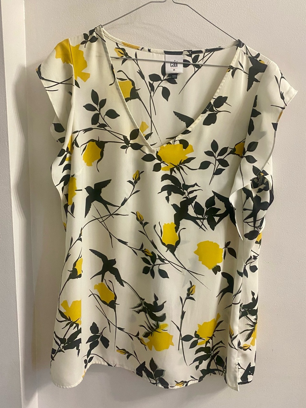 CAbi Cream Top with Black and Yellow Botanical Print